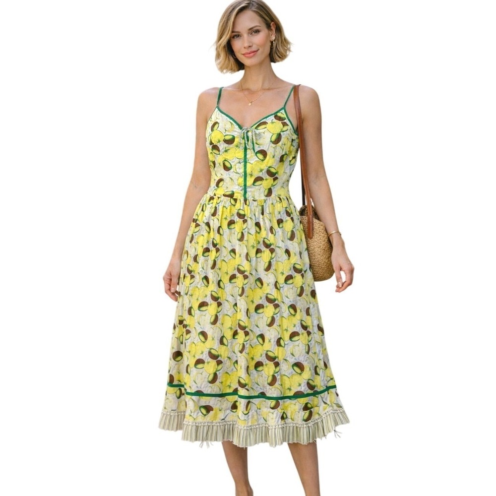 Vintage‎ Lemon Print Midi Dress Sz 6 (XS) Fruit Sundress Italian Coastal Cottage